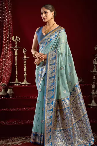 Light blue soft banarasi silk blend zari woven saree with blouse piece