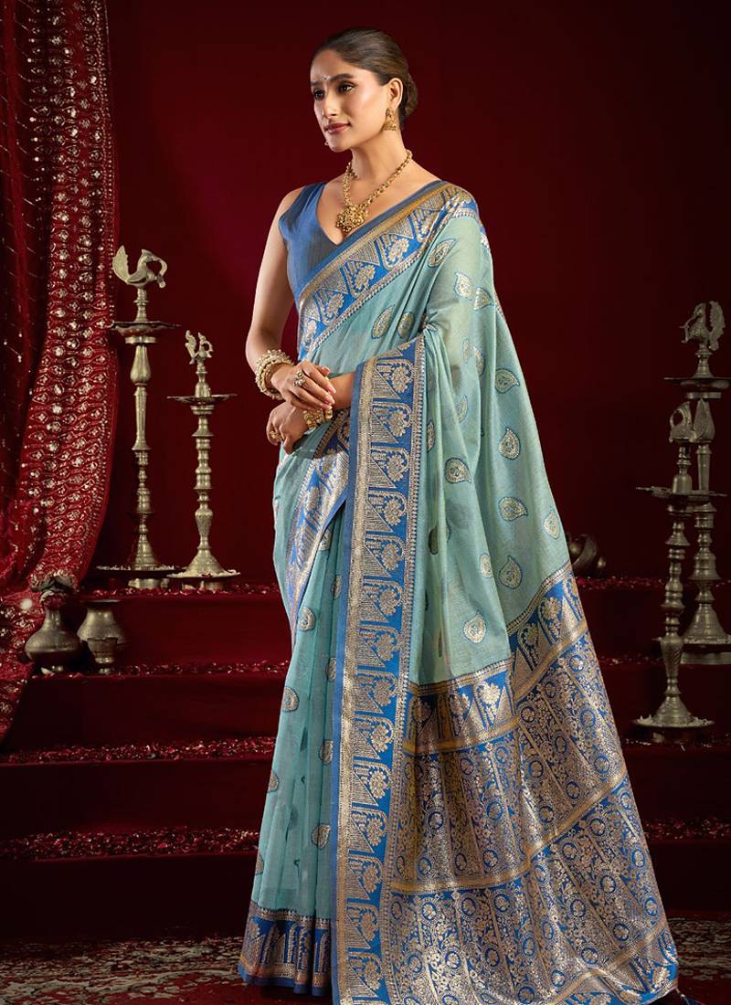 Light blue soft banarasi silk blend zari woven saree with blouse piece
