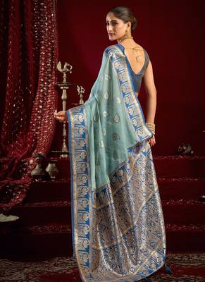 Light blue soft banarasi silk blend zari woven saree with blouse piece 3