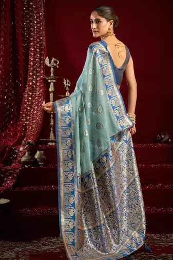 Light blue soft banarasi silk blend zari woven saree with blouse piece