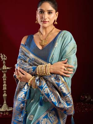 Light blue soft banarasi silk blend zari woven saree with blouse piece 4