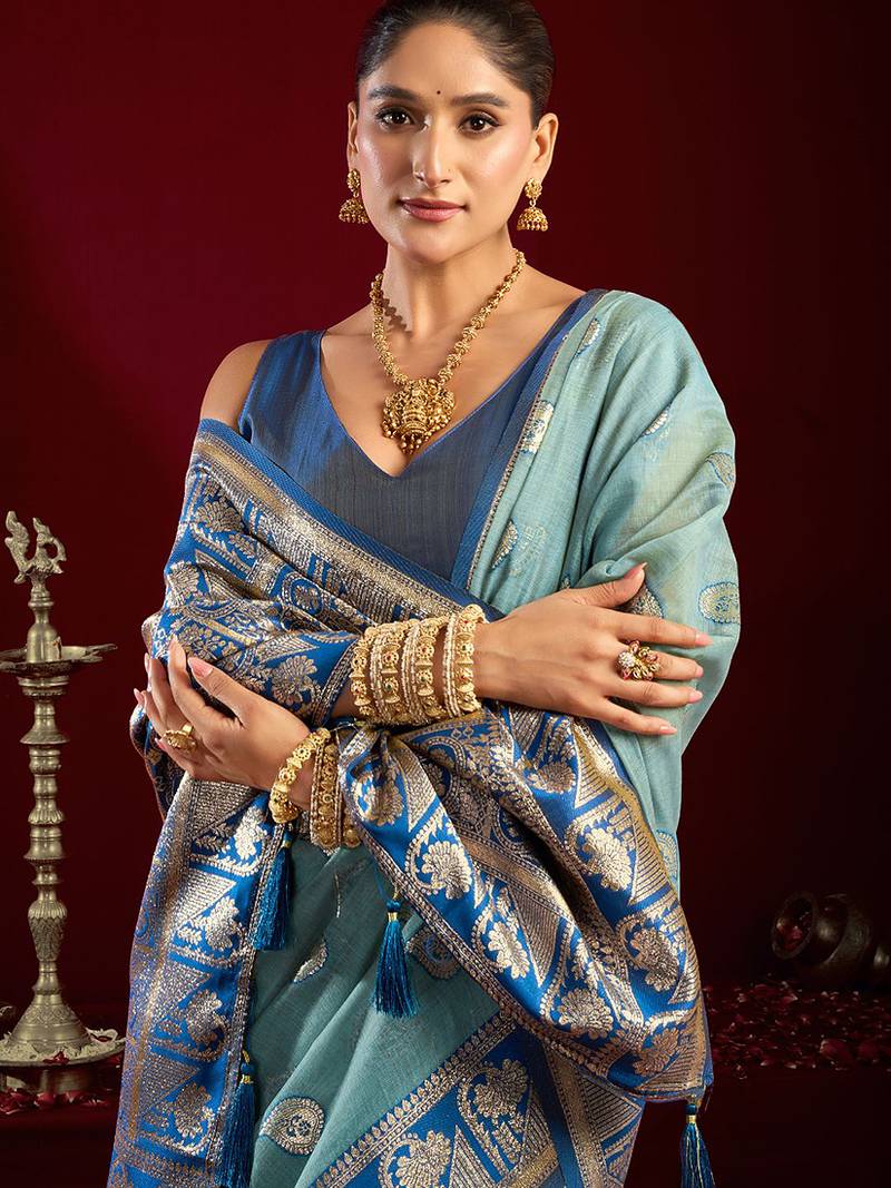 Light blue soft banarasi silk blend zari woven saree with blouse piece