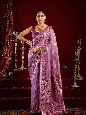 Lilac soft banarasi silk blend zari woven saree with blouse piece 1