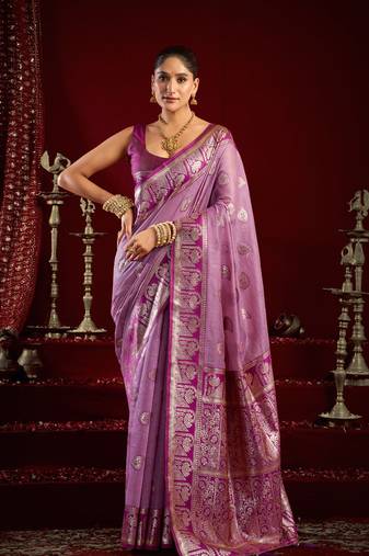Lilac soft banarasi silk blend zari woven saree with blouse piece