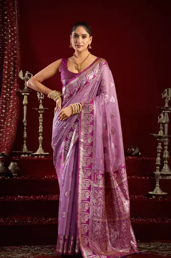 Lilac soft banarasi silk blend zari woven saree with blouse piece