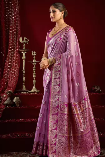 Lilac soft banarasi silk blend zari woven saree with blouse piece