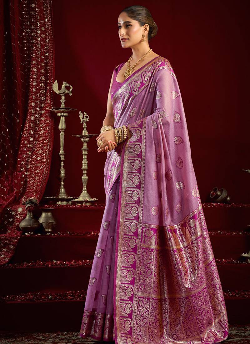 Lilac soft banarasi silk blend zari woven saree with blouse piece