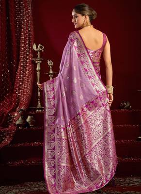 Lilac soft banarasi silk blend zari woven saree with blouse piece 3