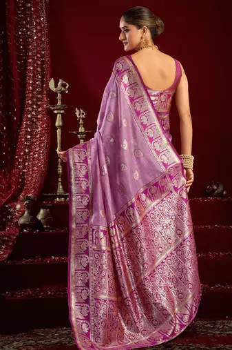 Lilac soft banarasi silk blend zari woven saree with blouse piece