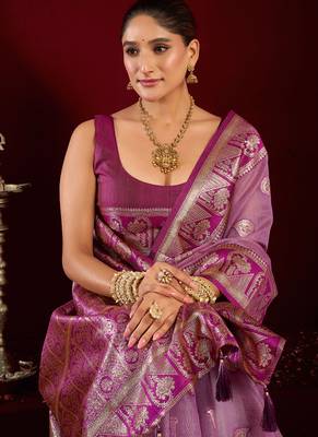 Lilac soft banarasi silk blend zari woven saree with blouse piece 4