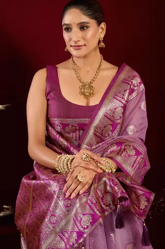 Lilac soft banarasi silk blend zari woven saree with blouse piece