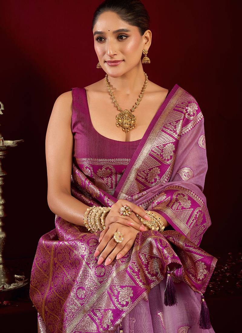 Lilac soft banarasi silk blend zari woven saree with blouse piece