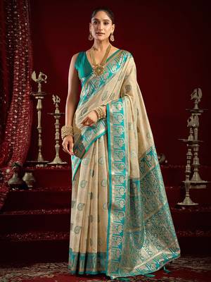 Cream soft banarasi silk blend zari woven saree with blouse piece 1