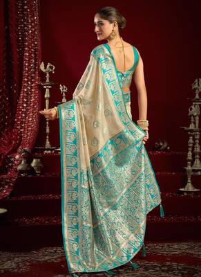 Cream soft banarasi silk blend zari woven saree with blouse piece 3