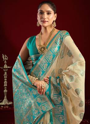 Cream soft banarasi silk blend zari woven saree with blouse piece 4
