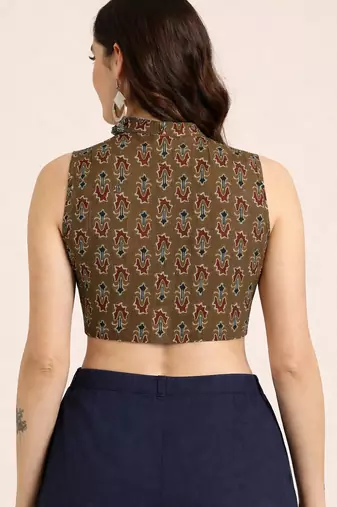 Brown cotton ajrak printed non padded blouse