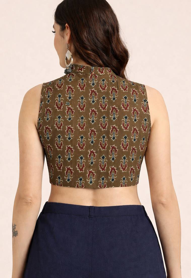 Brown cotton ajrak printed non padded blouse