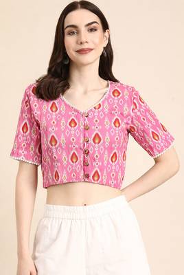 Pink cotton sanganeri printed non padded blouse 1