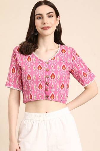 Pink cotton sanganeri printed non padded blouse