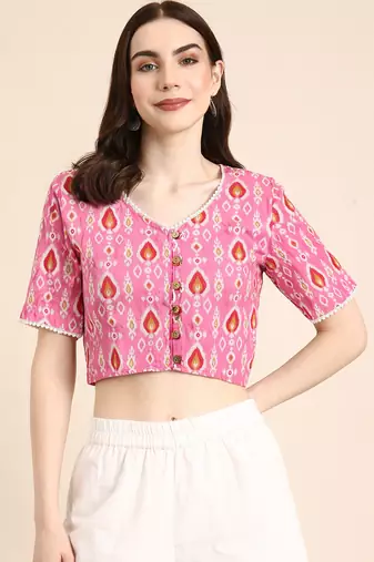 Pink cotton sanganeri printed non padded blouse