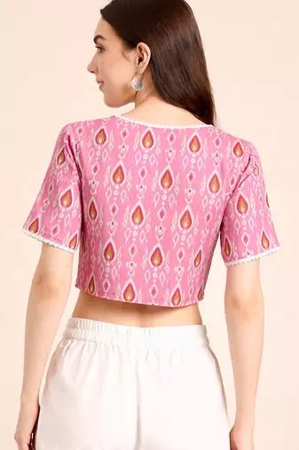Pink cotton sanganeri printed non padded blouse