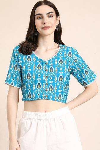 Blue cotton sanganeri printed non padded blouse