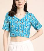 Blue cotton sanganeri printed non padded blouse