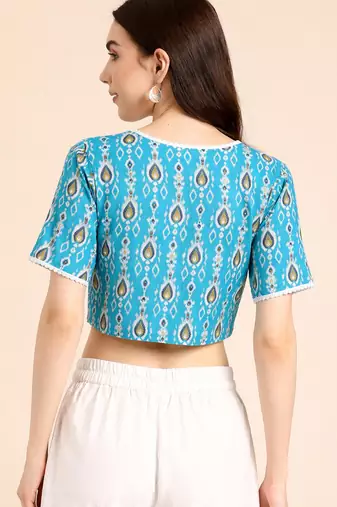 Blue cotton sanganeri printed non padded blouse