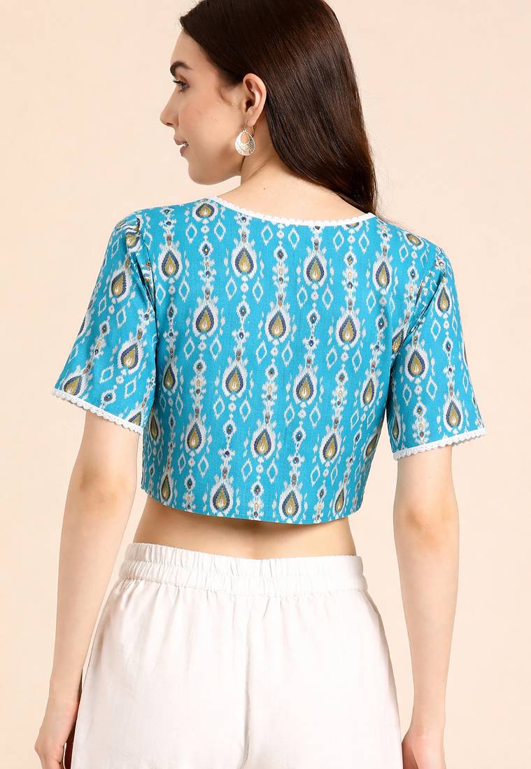 Blue cotton sanganeri printed non padded blouse