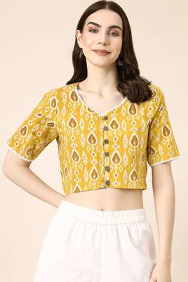 Yellow cotton sanganeri printed non padded blouse 1