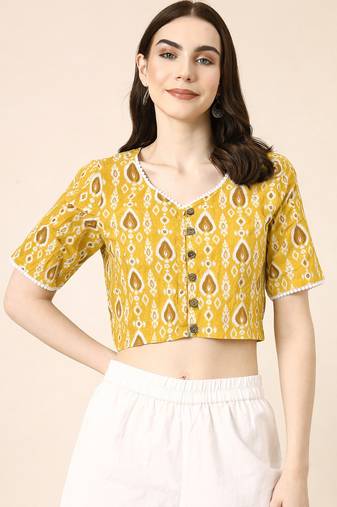 Yellow cotton sanganeri printed non padded blouse