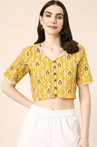 Yellow cotton sanganeri printed non padded blouse