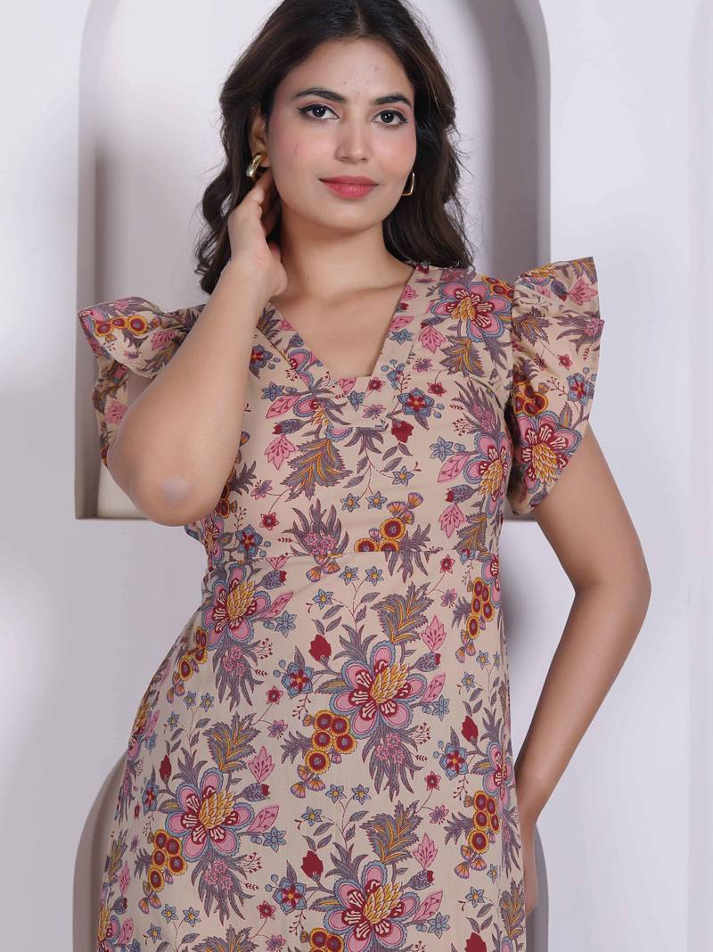 women empire waist beige midi length dress