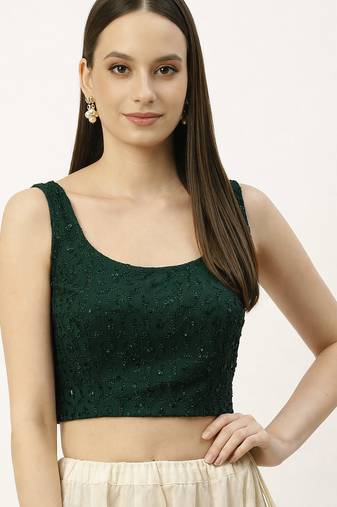 Green rayon embroidered with sequin non padded blouse with lining