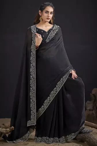 Designer black sequin zari embroidered work two tone satin silk saree
