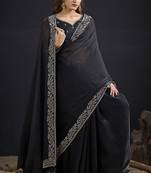 Designer black sequin zari embroidered work two tone satin silk saree