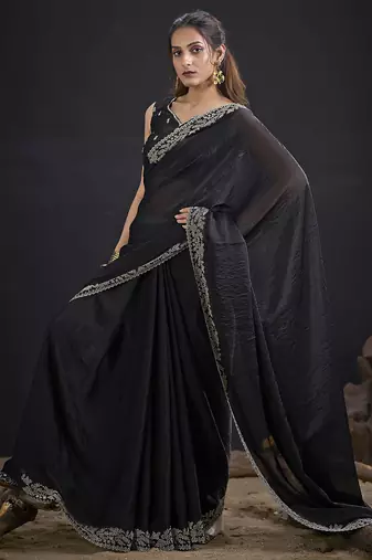 Designer black sequin zari embroidered work two tone satin silk saree