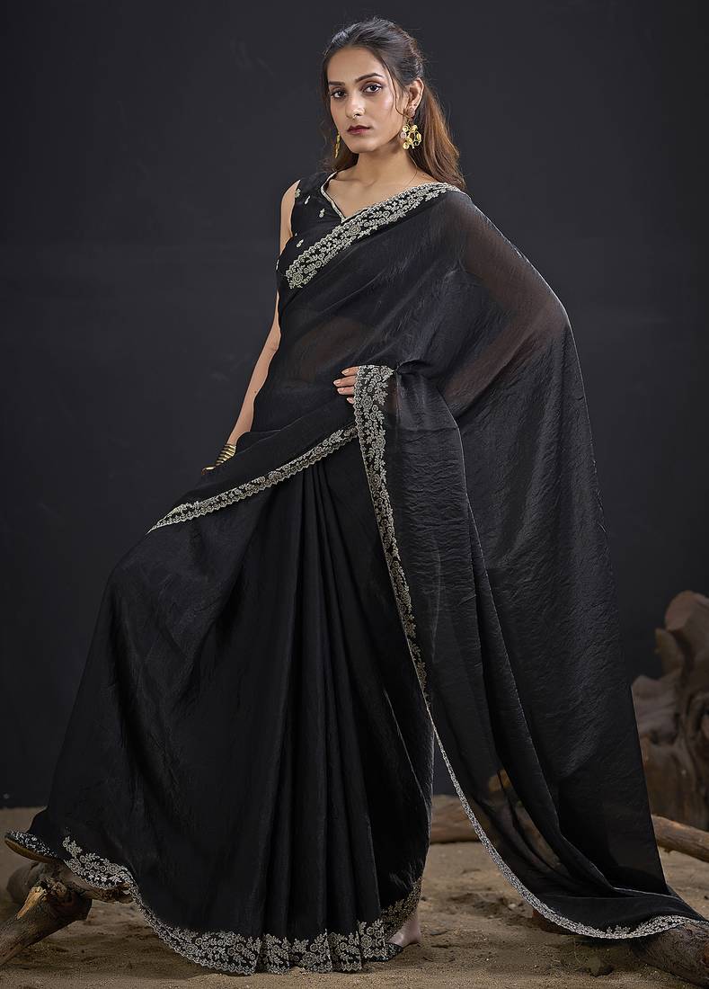 Designer black sequin zari embroidered work two tone satin silk saree
