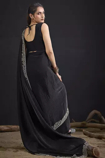 Designer black sequin zari embroidered work two tone satin silk saree
