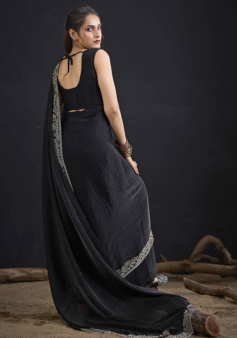 Designer black sequin zari embroidered work two tone satin silk saree
