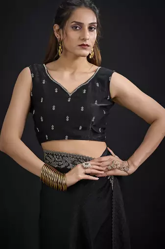 Designer black sequin zari embroidered work two tone satin silk saree