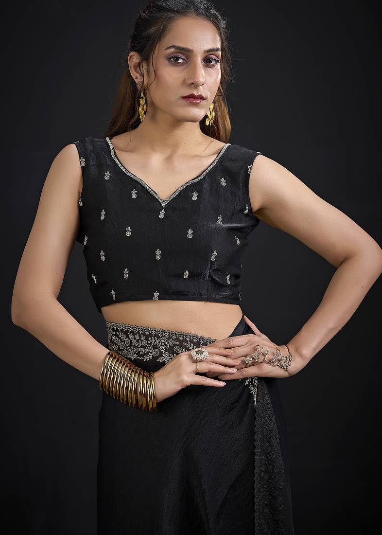 Designer black sequin zari embroidered work two tone satin silk saree