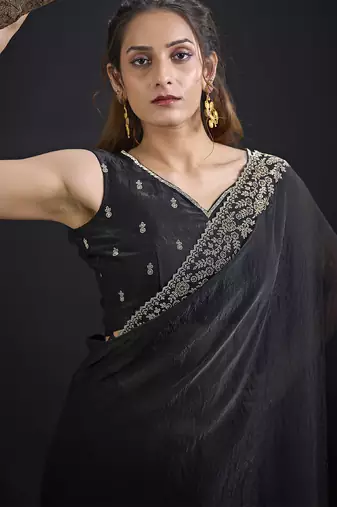 Designer black sequin zari embroidered work two tone satin silk saree