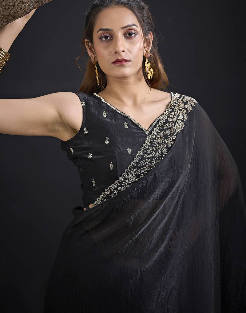 Designer black sequin zari embroidered work two tone satin silk saree