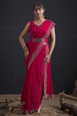 Designer magenta sequin zari embroidered work two tone satin silk saree 1