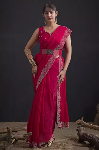 Designer magenta sequin zari embroidered work two tone satin silk saree