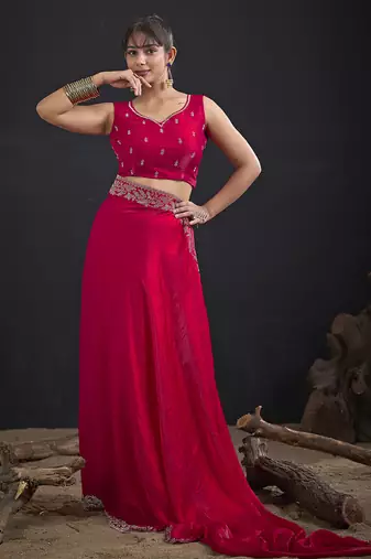 Designer magenta sequin zari embroidered work two tone satin silk saree