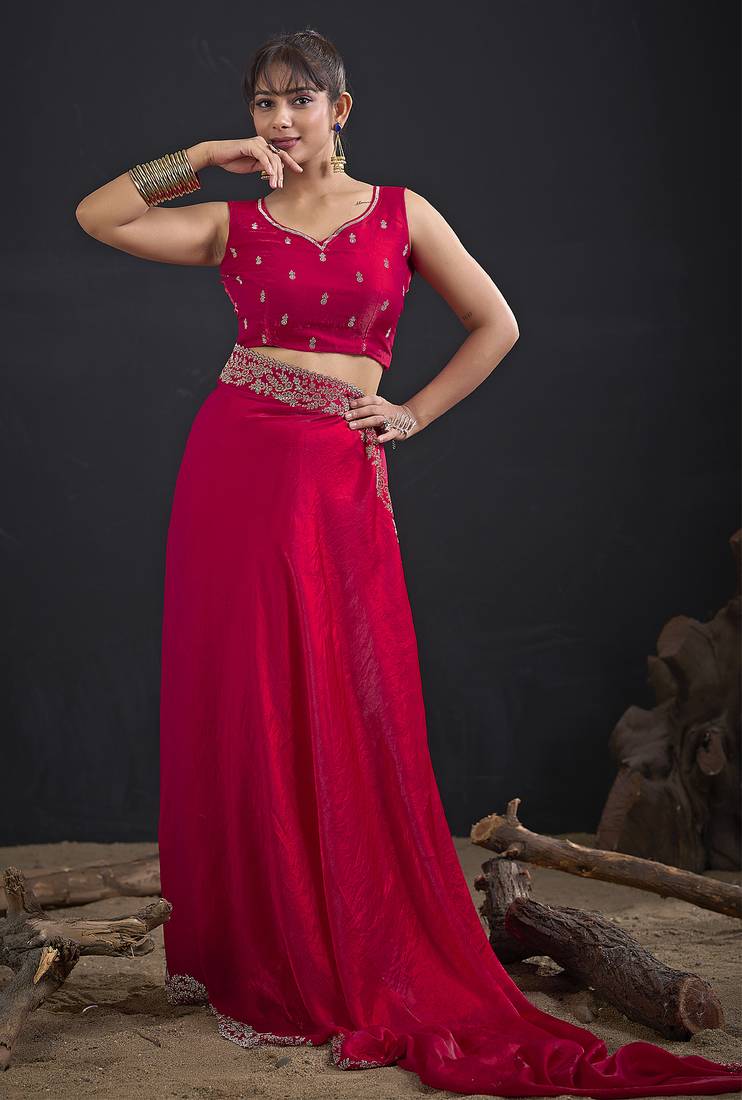 Designer magenta sequin zari embroidered work two tone satin silk saree