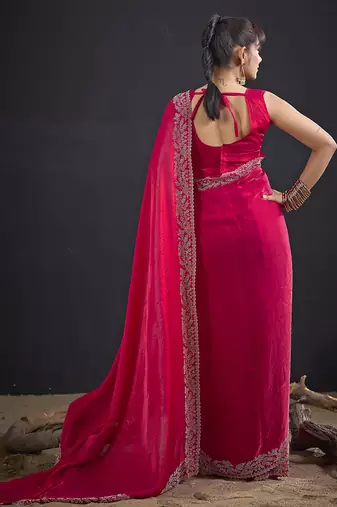Designer magenta sequin zari embroidered work two tone satin silk saree