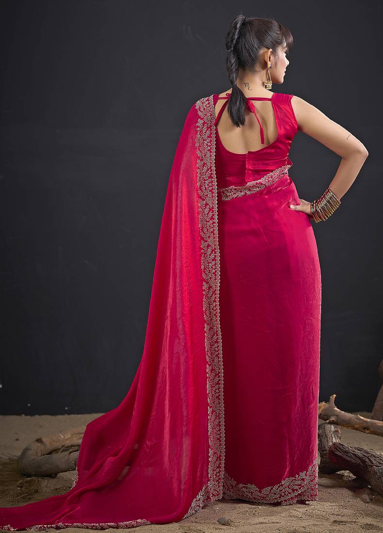 Designer magenta sequin zari embroidered work two tone satin silk saree